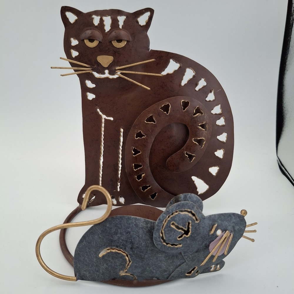 Vtg Kitty Cat & Mouse Gold Whiskers Welded Metal Art Votive Pillar Candle Holder